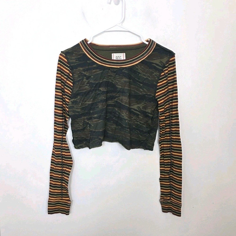 BDG Green Camo Orange Stripe Seb Spliced Crop Grunge Long Sleeve Tee Size M
